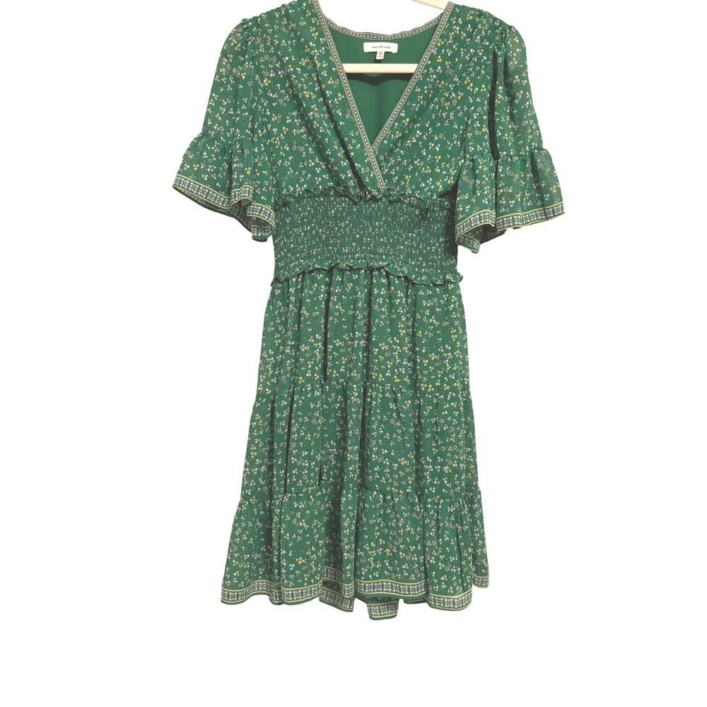 Max Studio‎ Green Floral Smocked Tiered Mini Dress XS -Chiffon -Wedding Guest
